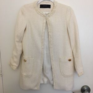 Zara white tweed fringed coat